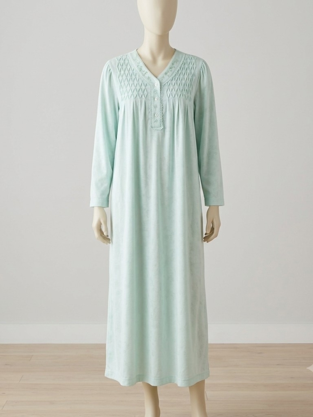 Miss Elaine Mint Green Long-Sleeve V-Neck Nightgown